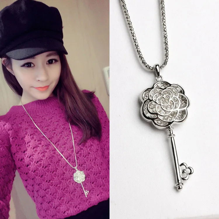 

South Korea Delicacy Hollow out Rose Crystal Key Necklace Korean-style-Style Long Versatile Pendant Sweater Chain