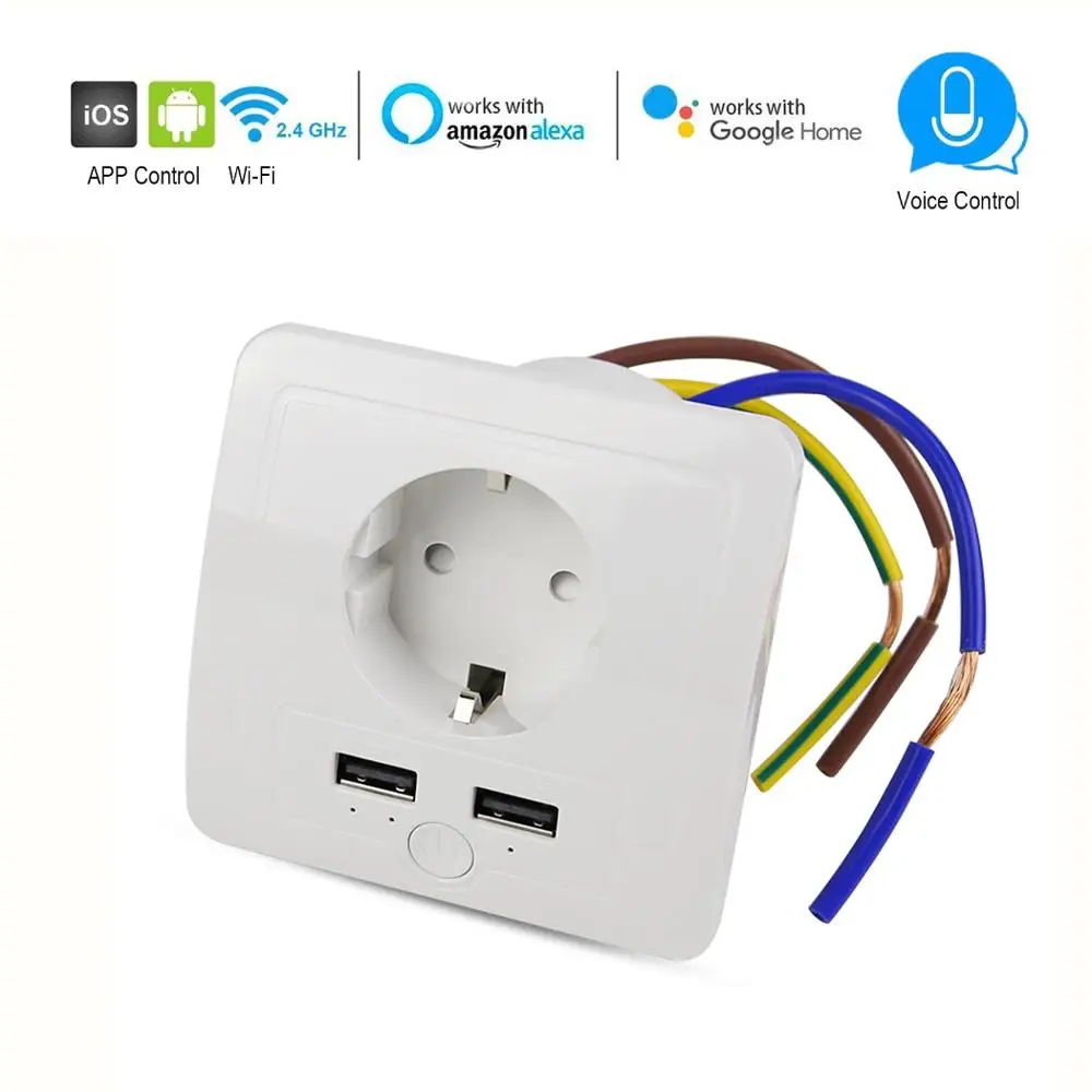Умная розетка с 2 USB портами Wi Fi 15 А таймер для настенной розетки Tuya управление