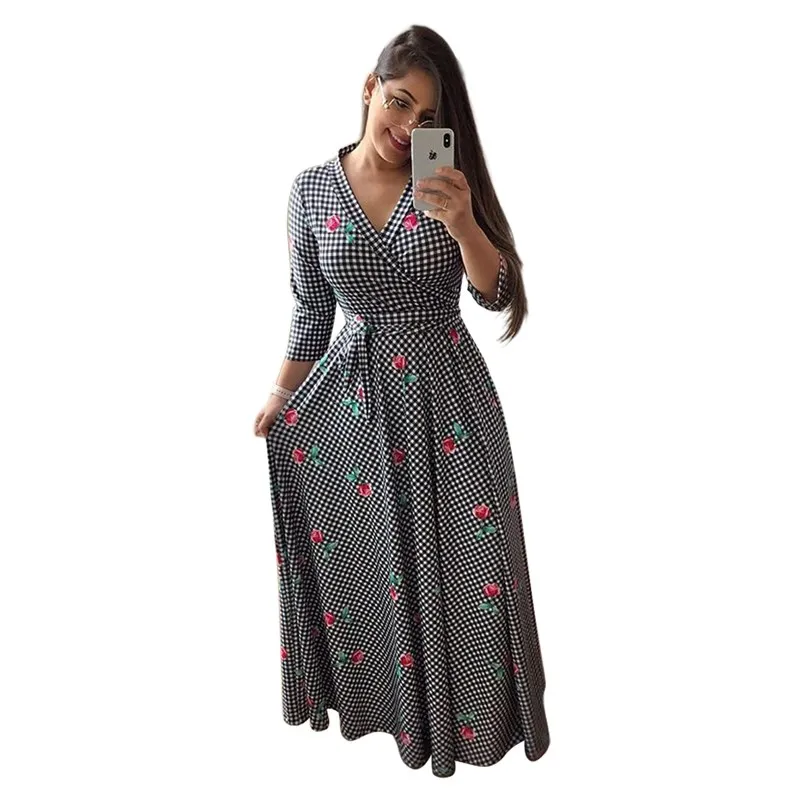 Oufisun Spring Sexy Deep V Neck Women's Dress Bohemia Tunic Maxi Dresses Elegant Vintage Flowers Print Dress Vestidos Plus Size