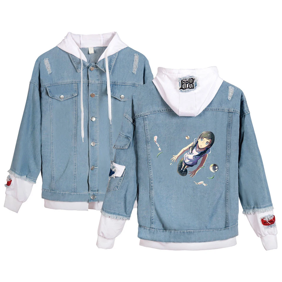 New France Style  Mens Distressed Destroyed girl print  Skull Biker Blue Denim Jacket stranger things Size XXS-4XL harajuku