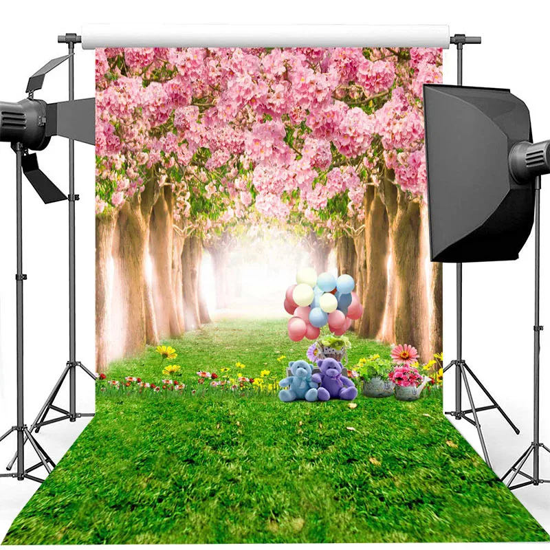 

Spring Pink Peach Forest Photography Backdrops Balloon Toy Bear Children Backgrounds for Photo Studio Green Lawn Backdrop