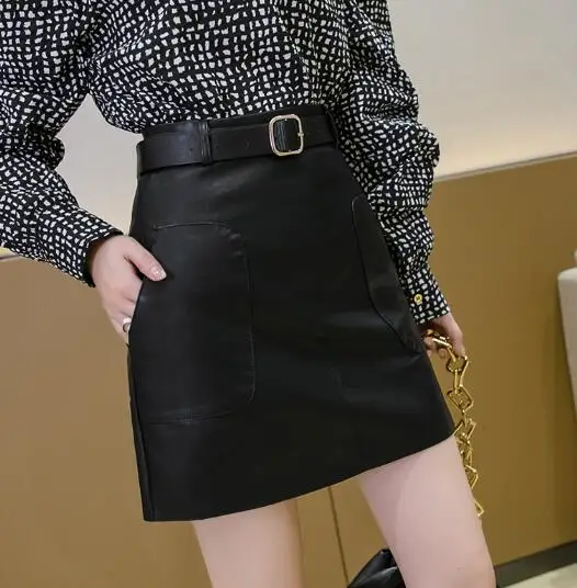 2020 New Casual Streetwear PU Leather Skirt Women Autumn Winter High Waist Mini Skirt Pocket With Belt A-line Skirt White Brown black