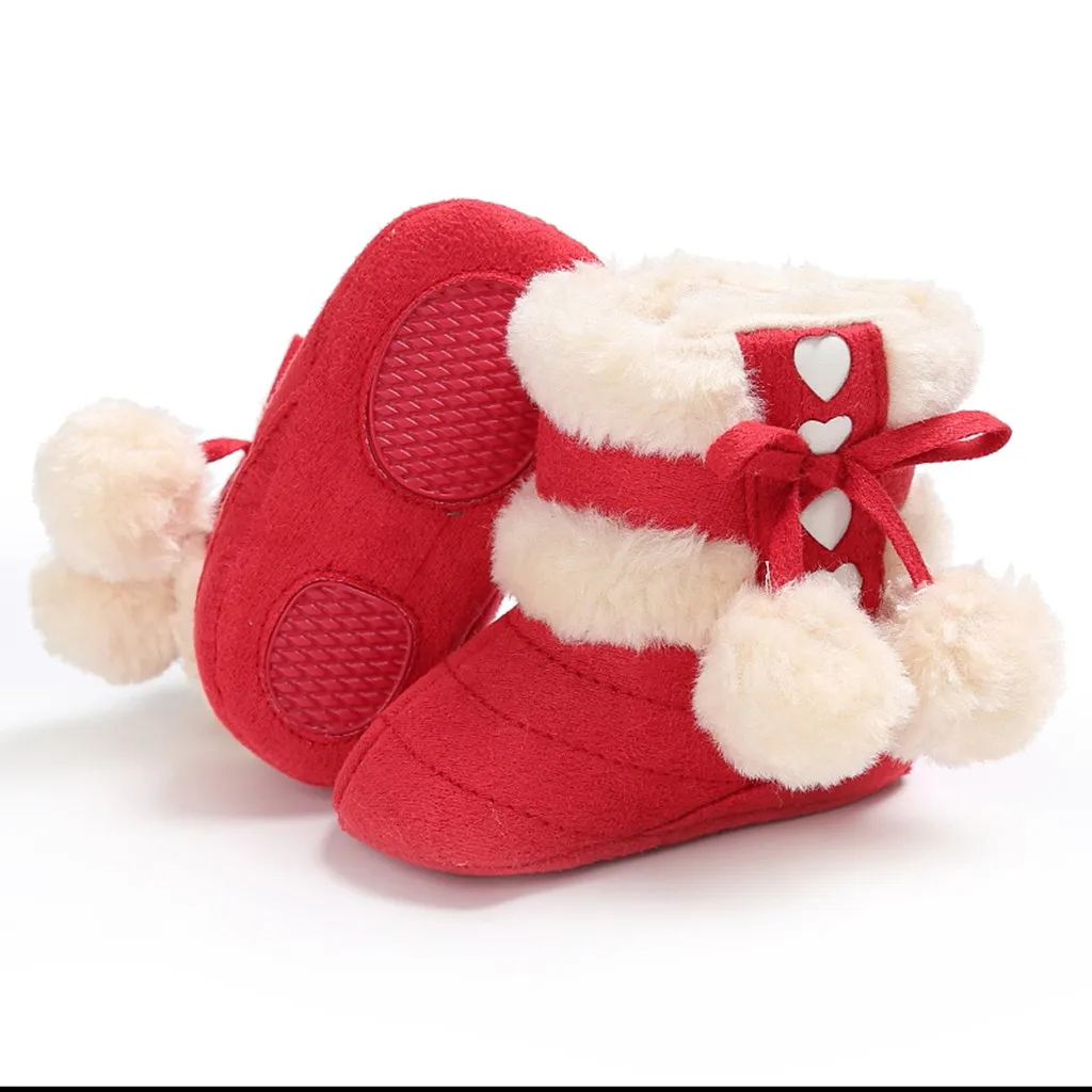 Детские ботинки для маленьких девочек и мальчиков, зимняя теплая обувь, однотонная модная обувь для малышей с пушистыми помпонами, обувь для малышей на осень и зиму,#15