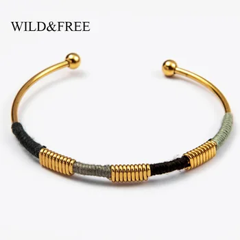 

Wild & Free Handmade Stainless Steel Open Bracelets For Women Gold Color Circle Colorful String Wrap Bangles Jewelry
