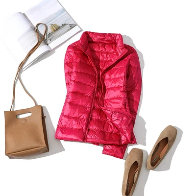 Новинка, Осень-зима, женская тонкая куртка-пуховик на белом утином пуху, парка, женский ультра светильник, пальто, Короткие топы, парки с карманами размера плюс - Цвет: rose Red