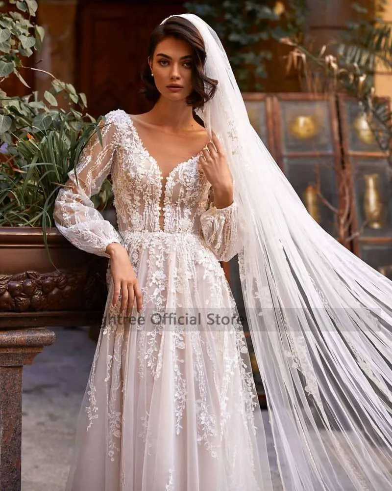 Eightree Vestido de Noiva Renda 2021 Lace Wedding Dresses Women Long Sleeve Bride Dress V Back Champagne Vintage Wedding Gowns 4