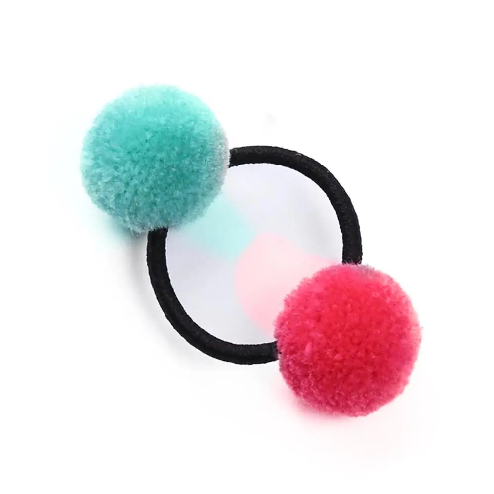Cute Little Woman Pompom Hair Ties Double Pom Pom Elastic Hair Band Rubber Bands Hair Accessories Scrunchies Ponytail Holder - Цвет: Цвет: желтый