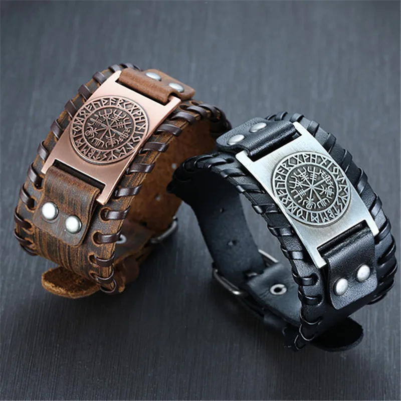 Leather Bracelet Punk Vintage Compass Bangles Nordic Runes Odin Symbol Wrap Viking For Men