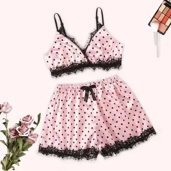 

Women Sleepwear Set Nightwear Satin Lace Print Camisole Bra Shorts Bow Pajamas Sexy Lingerie Set сексуальное белье #2N04