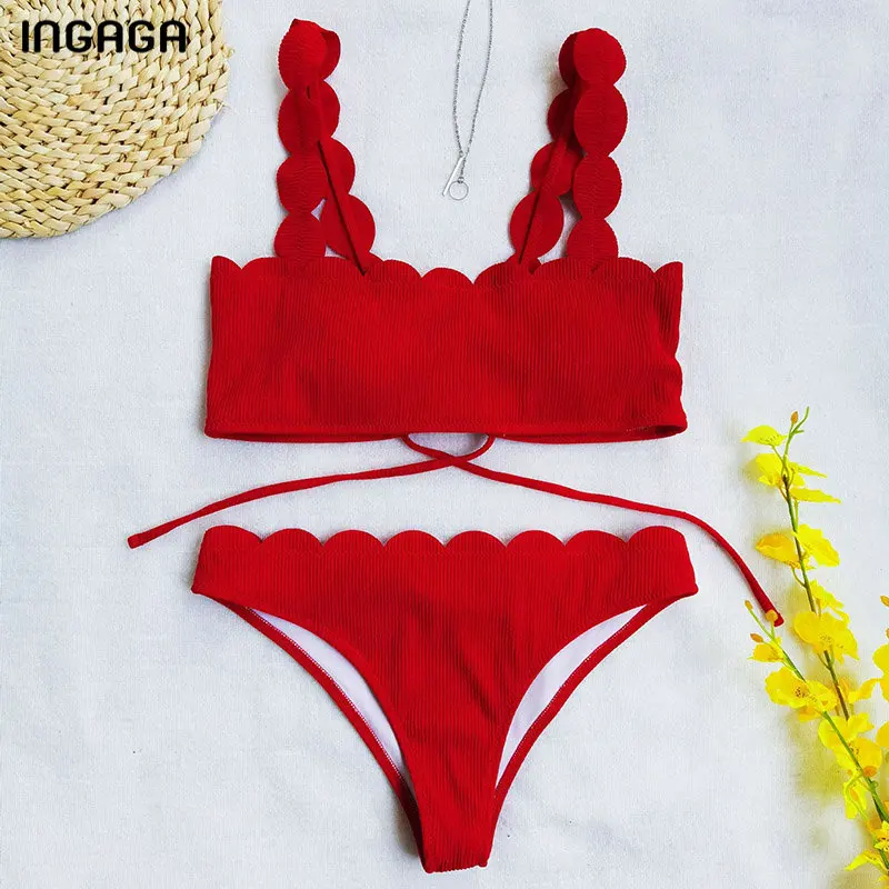 crochet bikini set INGAGA Push Up Bikinis 2021 Swimsuits Scalloped Edge Swimwear Women Ribbed Bathing Suits Solid Bandeau Biquini Beach Bikini Set 3 piece bikini set