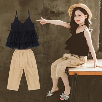 

Summer Baby Girl Clothes Child Set 3- 12 Years Girls Fashion Strap Crop Tops + Pants Two-piece Suit Casual Kids Clothing