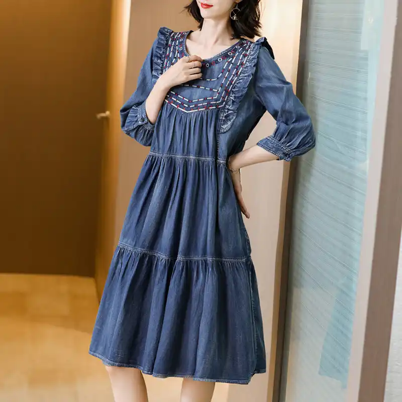 Tiyihailey Free Shipping New Three Quarter Knee Length Denim Dresses One Piece Women Vintage Embroidery Dress S Xl Jeans Dresses Aliexpress