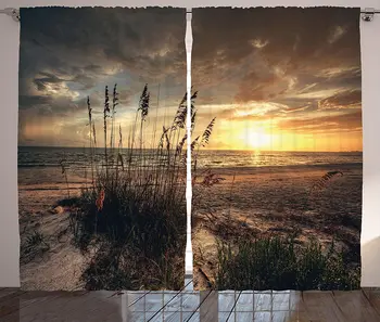 

Beach Window Curtains Calm Coastal Scene with Horizon in The Middle of Nowhere Cloudy Sunset Ocean Picture Living Room Decor Bed