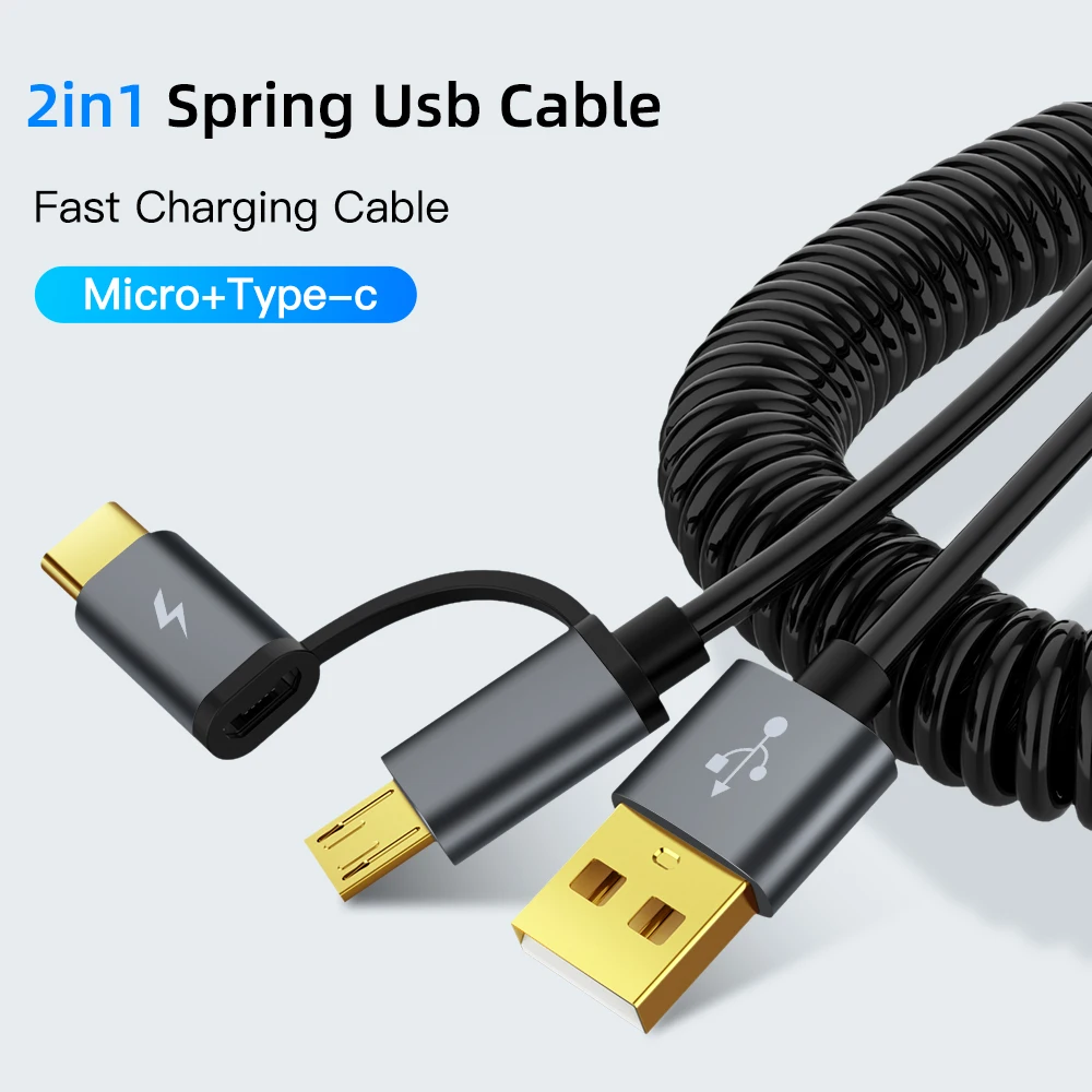 2 in 1 Spring Charging Cable USB C Micro USB Cord Retractable USB-C Cabo For Samsung Galaxy S9 Fast Charger Wire For Xiaomi Mi9 2 in 1 Spring Charging Cable USB C Micro USB Cord Retractable USB-C Cabo For Samsung Galaxy S9 Fast Charger Wire For Xiaomi Mi9