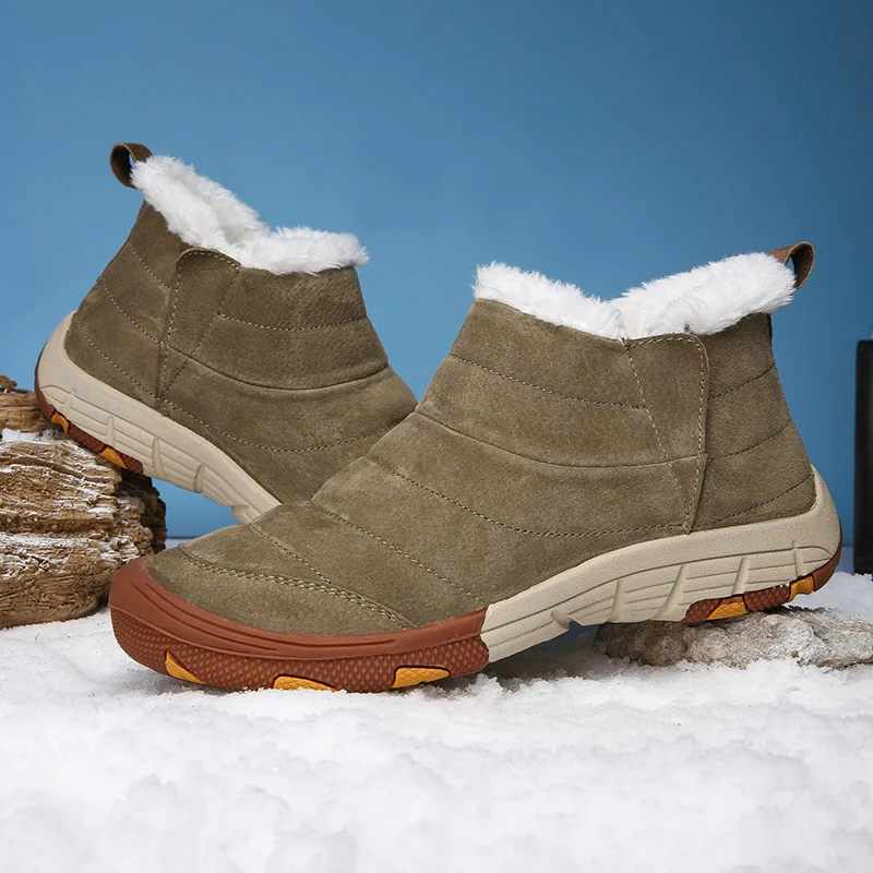 

New Fashion Genuine Leather Men Snow Boots Winter Warm Plush Men's Boots Waterproof Ankle Boots Flat shoes Plus Size 39-46