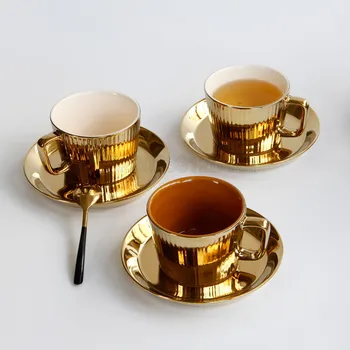 

Luxurious European Electroplate Golden Ceramic Coffee Cup Saucers Hotel Club Restaurant Cappuccino Latte Coffee Milk Cups Copos