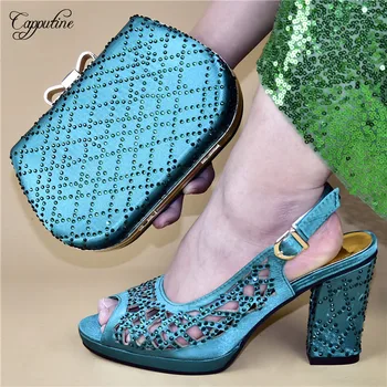 

Hot sale water green shoes and evening bag set perfect matching for evening dress 528-1 heel height 10cm