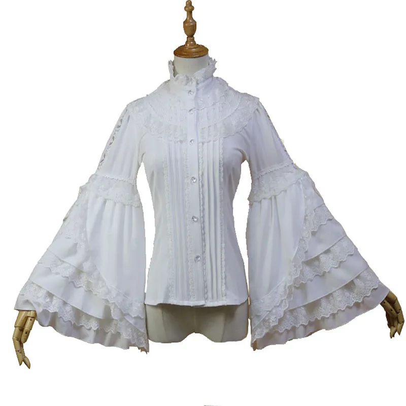 Adult Women Victorian Costume Vintage Court Lolita Ruffle Top Blouse High Neck Layer Bell Sleeves Frill Ruched Shirt For Ladies