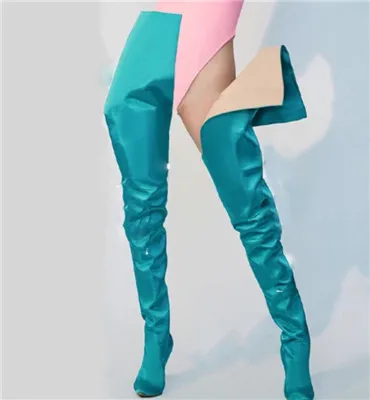 Light blue Emma king/пикантные женские сапоги-брюки женские атласные Сапоги выше колена с острым носком на тонком каблуке 12 см неонового цвета, высокие сапоги до промежности - Цвет: Light blue