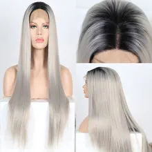 Bombshell прямой черный Ombre серебристо-серый синтетический 13*3 парик фронта шнурка натуральный волос термостойкие волокна для женщин парики