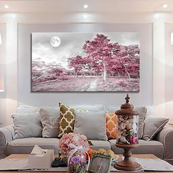 

Wall Art Simple Lifeg Pink Moon Tree Artwork Painting Office Wall Decor Single Pieces Canvas Prints Ready to Hang for Home Decor