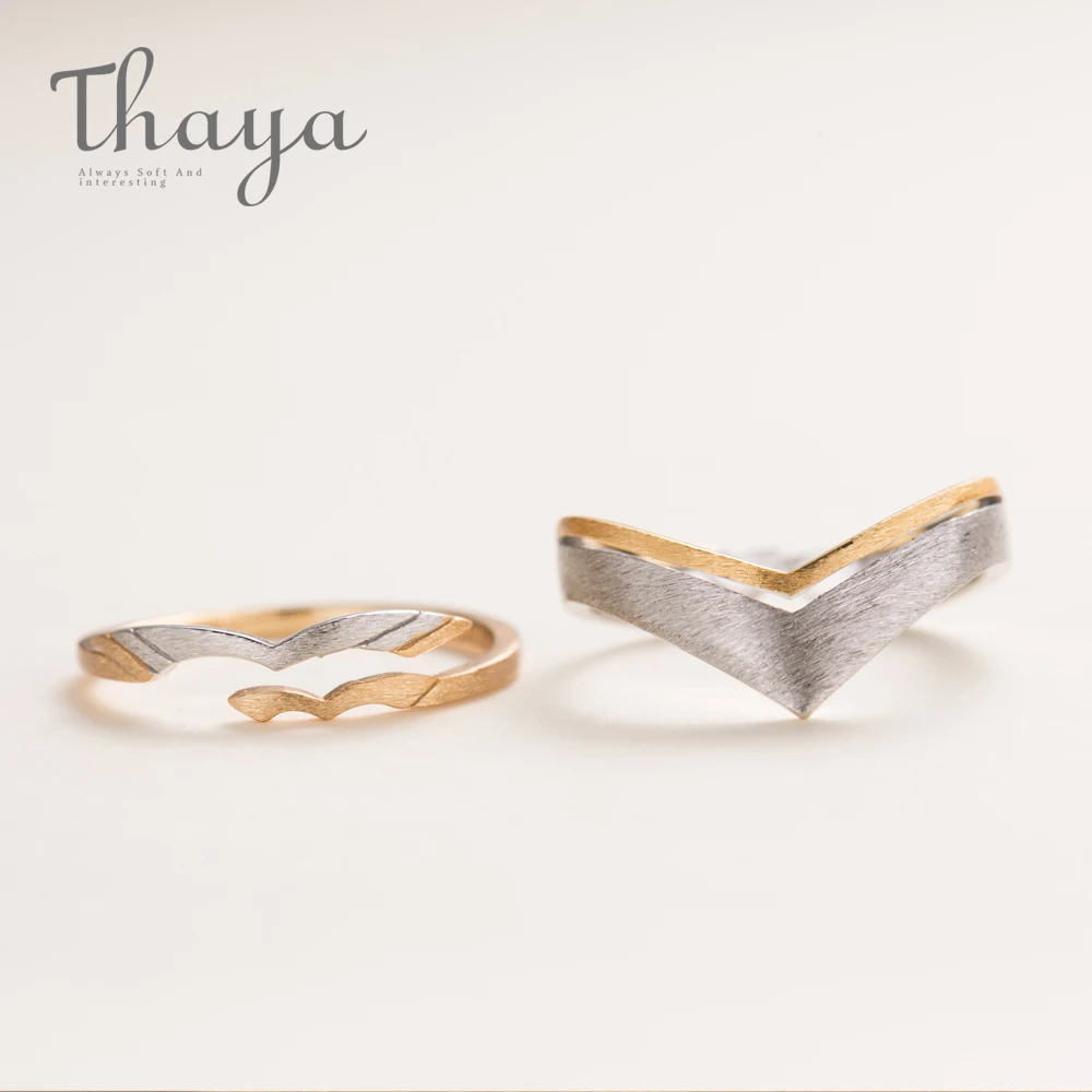 Cena Thaya streszczenie Lovebirds Design s925 srebro obrączki złoty rysunek pierścień dla kobiet elegancka para miłośnik biżuterii prezent