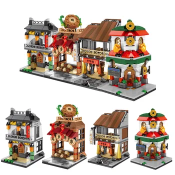 

City Creative Mini Houses Architecture Building Blocks Chinese Style Street View Hostel Dry Goods Shop Bricks Toys Market Model