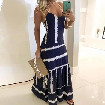 

Women Maxi Dress Sexy Spaghetti Strap Sleeveless Gradient Color Beach Female Dress Boho Holiday V-Neck Striped Mujer Vestidos