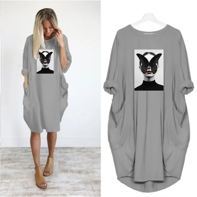 Plus Size Nordic Art Dress Butterfly Girl Cool Women Midi Dresses O-Neck Autumn Thin Long Sleeve Pockets Loose Party Vestidos