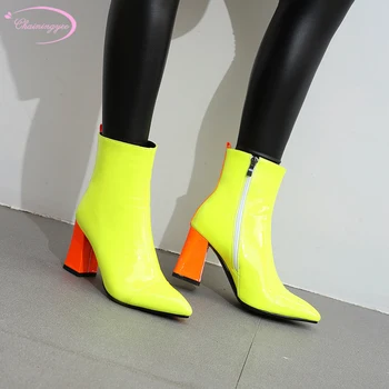 

Casual style serpentine sexy pointed toe ankle boots fashion zipper yellow black rose high-heeled chunky women's riding boots