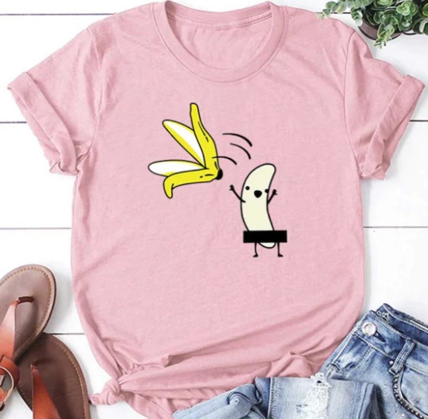 

Summer New Women Short Sleeve O Neck Banana Cartoon Printing Basic Tops T Shirt Casual Office Lady Tee Shirt Blusas