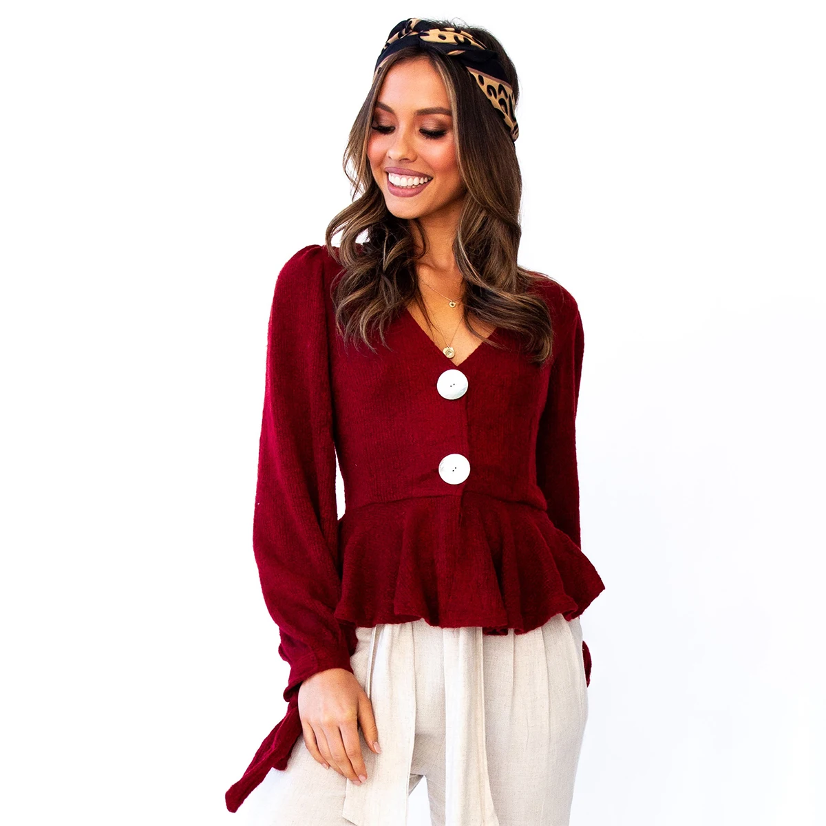 

2019 Europe and the United States new V-neck button drawstring ruffled solid color shirt cardigan winter clothes women cardigan