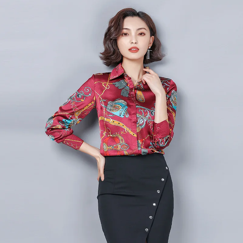 

Loose-Fit Important Imitated Silk Fabric Chain Print Shirt Sweater 2019 Autumn New Style Faux Mulberry Silk Chiffon Blouse Tops
