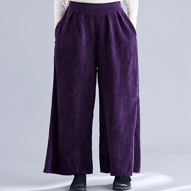 Mferlier Autumn New Corduroy Pants Women Solid Elastic High Waist Navy Blue Purple Brown Ladies Stylish Slim Wide Leg Pants - Цвет: Фиолетовый