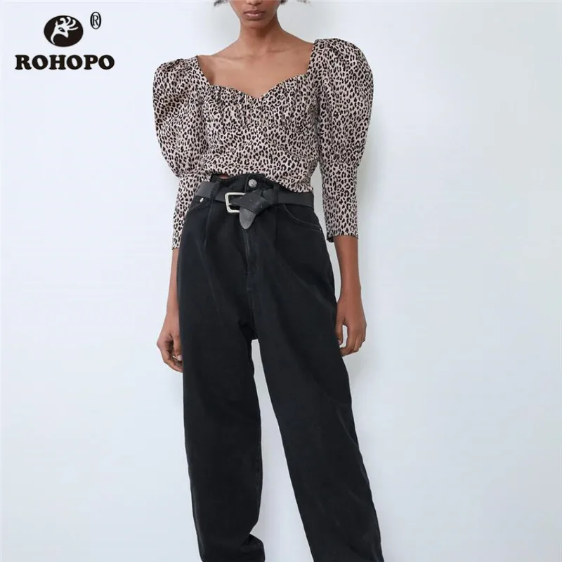 ROHOPO/футболка с длинным рукавом и принтом животных рубашка квадратным воротником