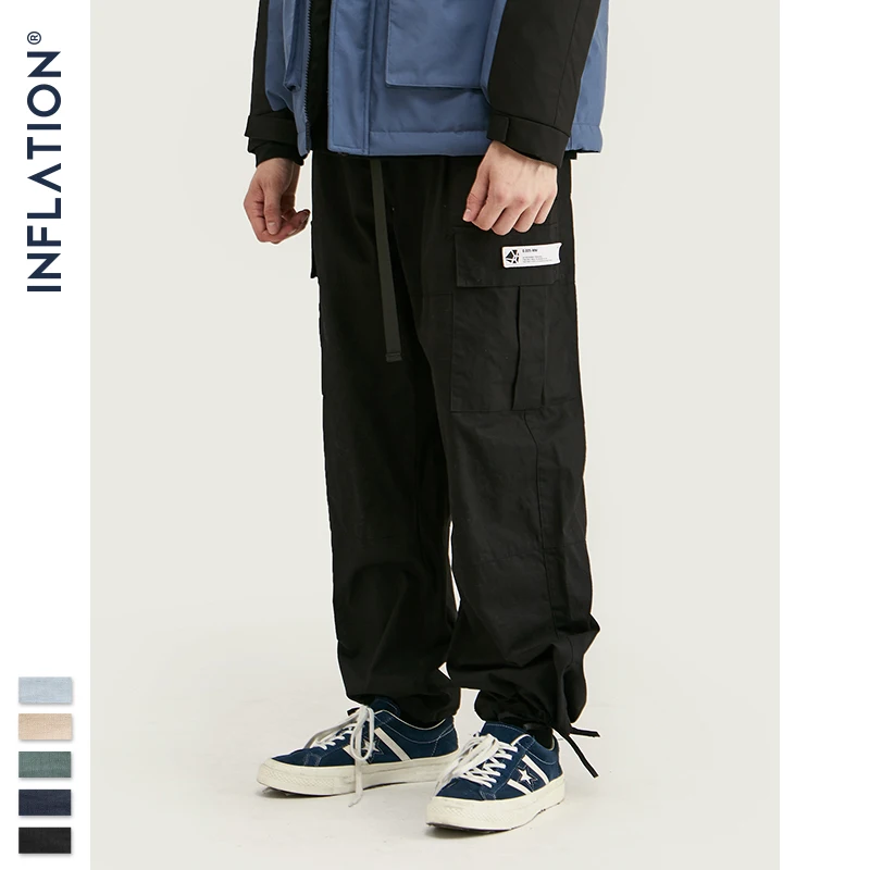 

INFLATION Solid Twill Cargo Pants High Street Loose Straight Men Trousers With Belt Hip Hop Cotton Ankle-Tied Men Pants 93430W