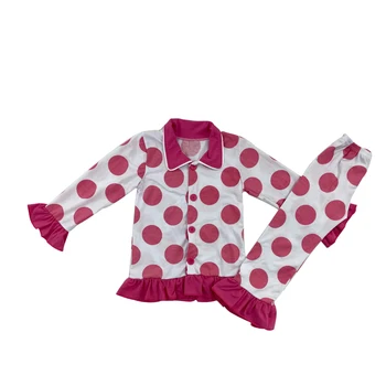 

girls long sleeve ruffle set pink dot pajamas kids winter and fall set