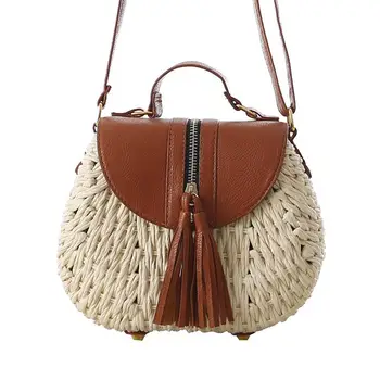 

Tassel Handmade Straw Woven Bag Messenger Causal Round Pocket Tassel Beach Vacation Shoulder Tote Bags For Women Girl Handbag