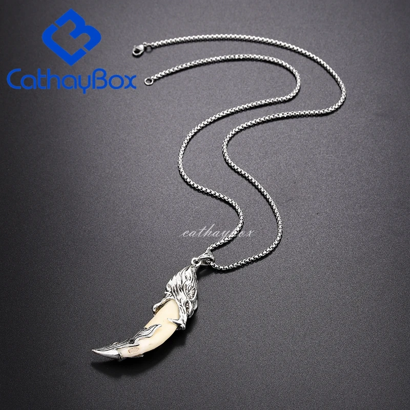Men's Trendy Wolf Tooth Pendant Tribal Design Cream Necklace Wolf Head Jewelry W/ SS Chain 24" Long L CB03B013