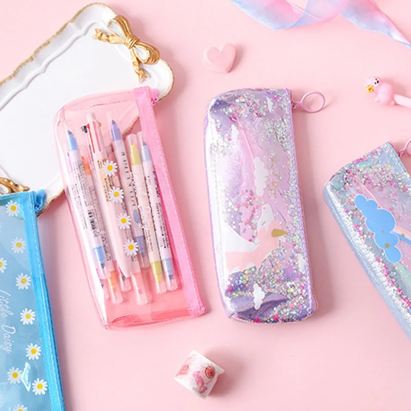 Kawaii Девушка сердце Единорог блесток крыло Карандаш сумка модная кожаная канцелярская сумка студенческая девушка Xiaoqing приемная сумка