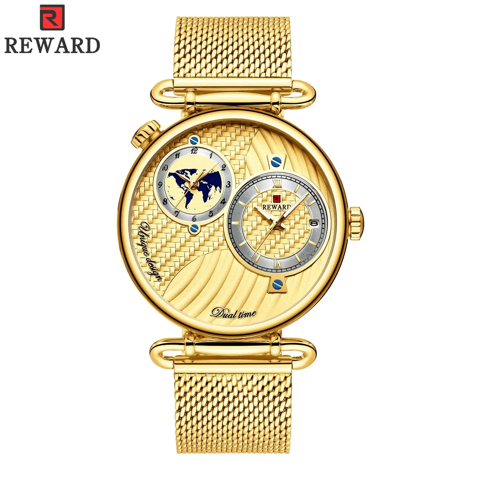 

REWARD Mens Luxury Fashion Mesh Stainless Steel Watch Band Dual Time Zone Quartz Watch Men Business Watch Sport Watches Antique