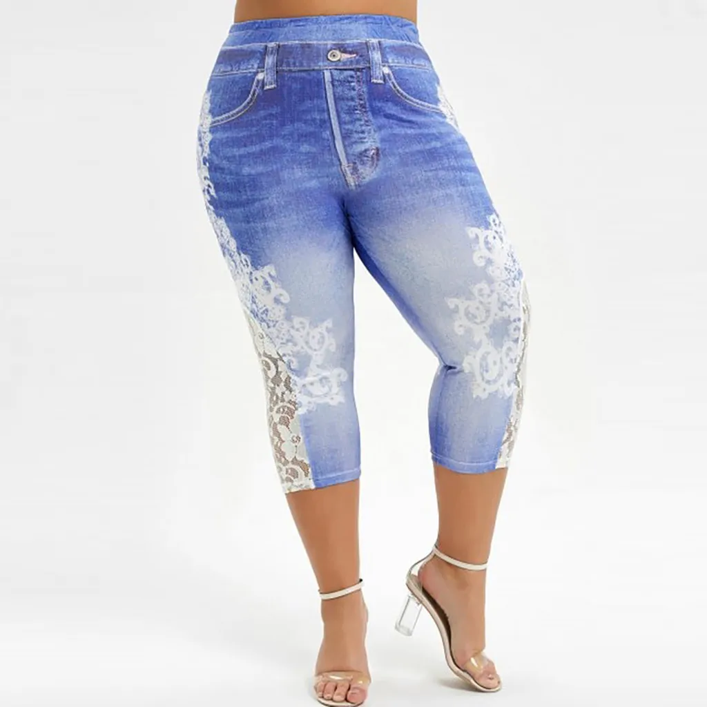 Модные повседневные женские джинсы размера плюс с кружевами и эластичной