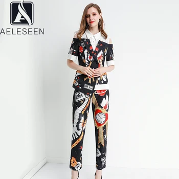 

AELESEEN 2020 Spring New Design Office Lady Twinset Spliced Work Blouse & Suit Mix Asymmetric Jacket + Trousers Runway Print Set