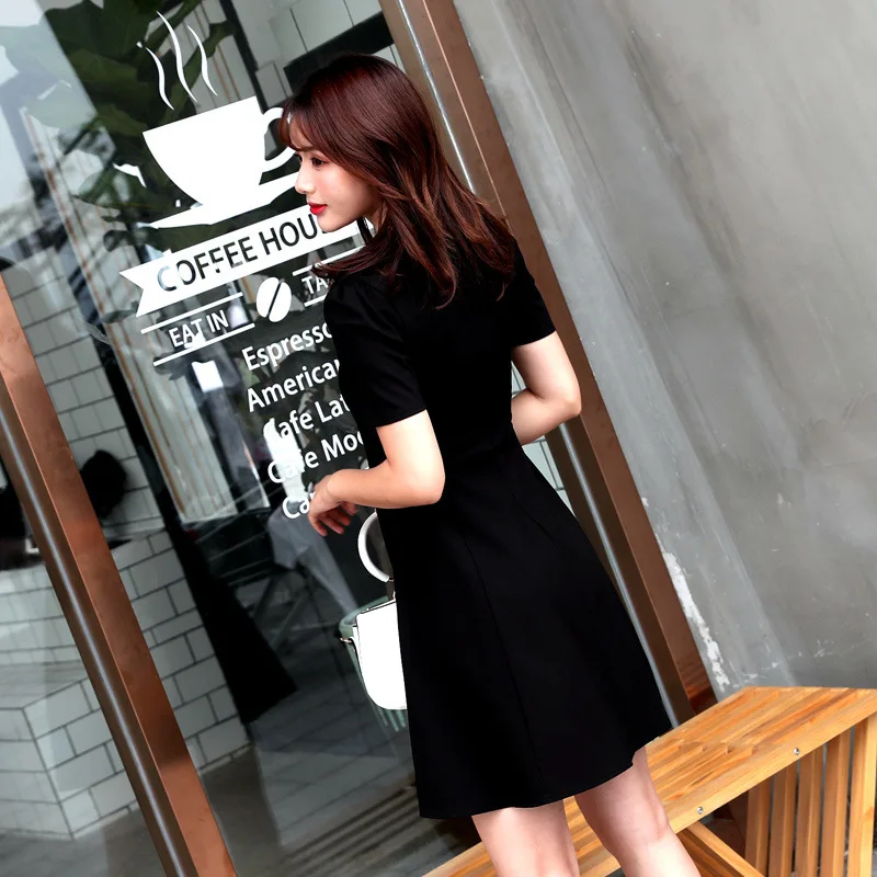 

2019 Summer New Style Black And White with Pattern Dress V-neck sukol Slimming GIRL'S CHIC Waist Hugging Scheming Black Dress He