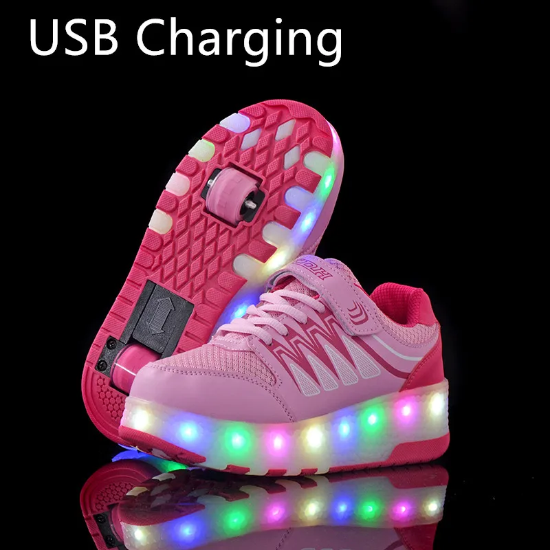 Кроссовки с двумя колесами Цвет розовый синий Зарядка через USB Светодиодный