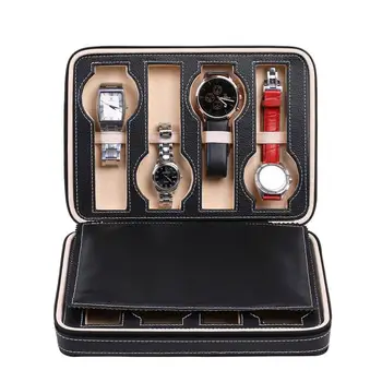 

8-Slot Portable Watch Box Travel Case Storage Organizer Faux Leather with Rubber Bands to Fix Watches Black[US-Stock]
