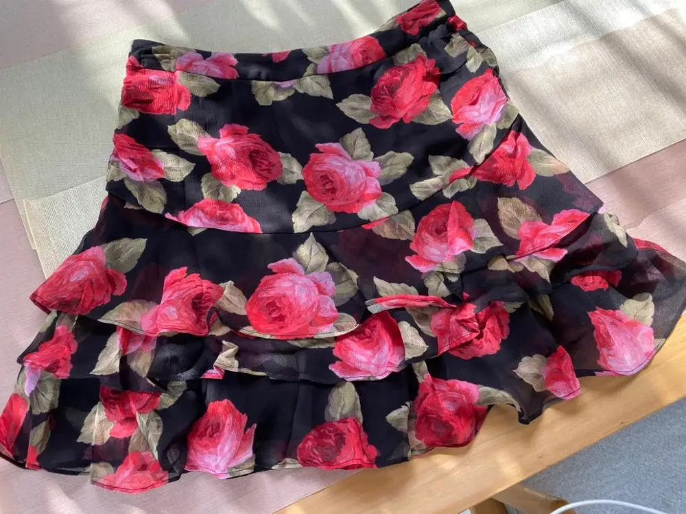 

Peony Floral Print Women Cake Skirt Vintage Elegant Lady A-line Ruffles Mini Skirt