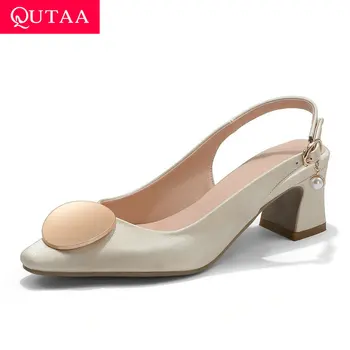 

QUTAA 2020 Pointed Toe Elegant Ladies Pumps PU Leather Back Strap Buckle Women Shoes Summer Square High Heel Sandals Size 34-43