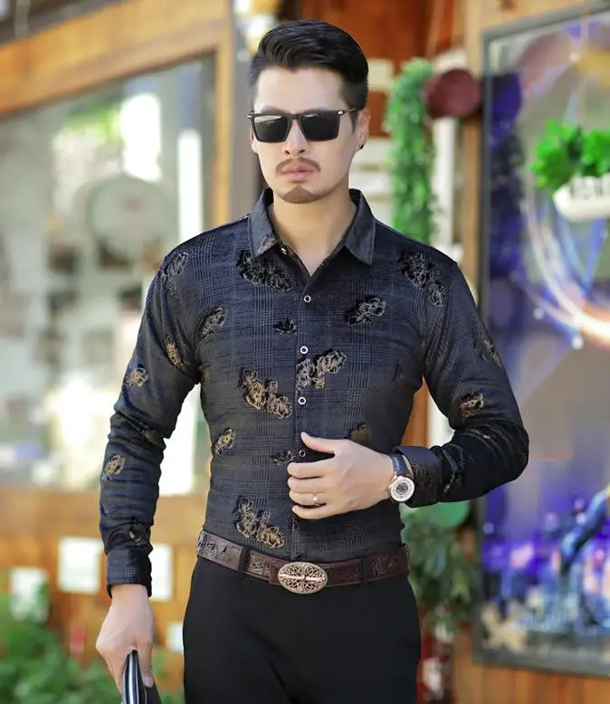 

Brand Velvet Luxury For Men Silk Flower Print Shirts Men's Fashion Long Sleeve Spring Summer Business Dress Floral Shirt