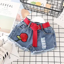 Летний стиль, корейский стиль, джинсовые шорты с розовыми потертостями и поясом для девочек, детские базовые модные штаны